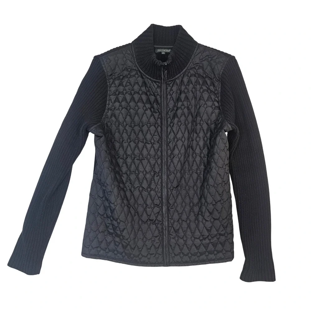 For Cynthia Black Quilted Hybrid Jacket Ribbed Knit Sleeves Mock Neck Zip Front